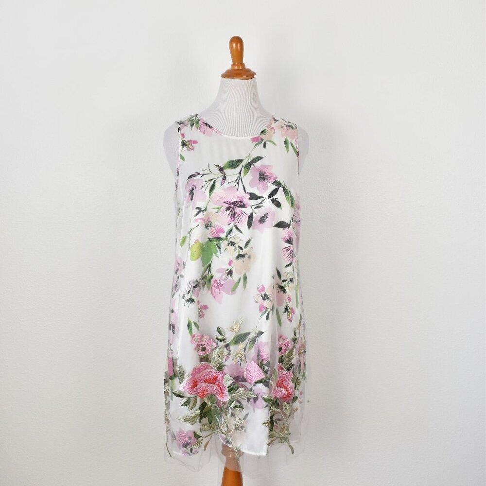 Spense Floral Embroidered Tulle Overlay Shift Dress NEW - L